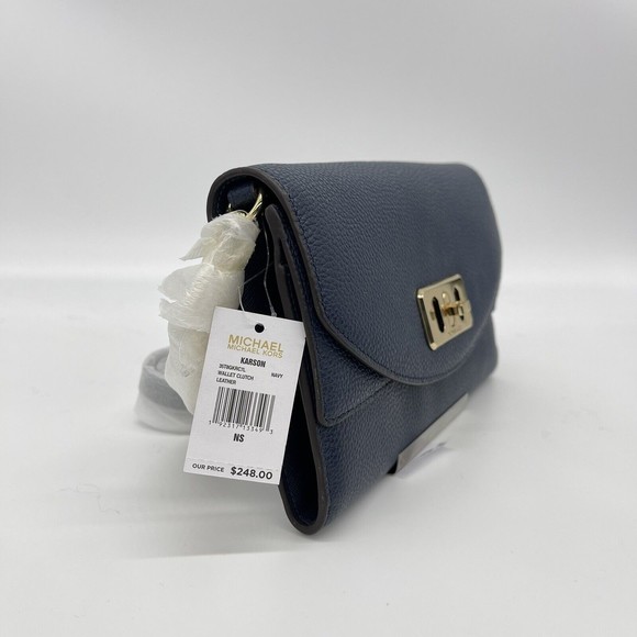 Michael Kors Karson Wallet Clutch Crossbody Navy Leather 35T8GKRC7L NWT Org $248 - Picture 2 of 9